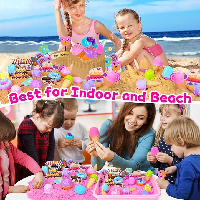 Play Sand Kit for Girls, Ice Cream Sensory Bin Sandbox, Creative Bake Shop with 2.2lbs Magic Sand, Ice Cream & Cake Models, Cleaning Tools, Pretend Beach Cake Stand Toys Gift for Toddler Ages 3-8