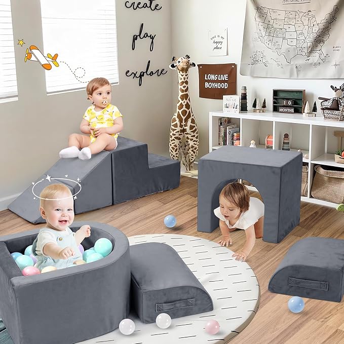 Kidirect Foam Climbing Blocks, 6 Pieces Climbing Toys for Toddlers 1-3 Inside with Baby Ball Pit &Crawling Tunnel, Soft Play Foam Blocks for Toddlers 1-3 Baby Climbing Gym for Kids' Indoor Climbers