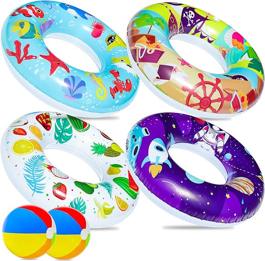 FindUWill 6 Pack Pool Floats Kids, Pool Swim Tubes Rings(4 Pack) - 4Pcs Inflatable Big Floaties Beach Swimming Toys with 2Pcs Beach Balls for Adults Raft Floaties Toddlers
