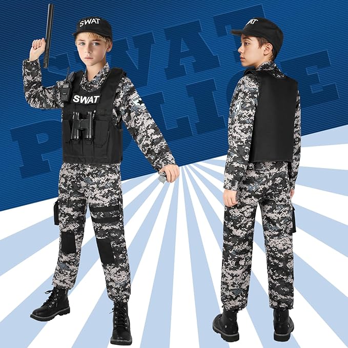 Luucio SWAT Police Officer Costume for Kids, Police Costume for Kids with SWAT Costume, SWAT Vest, Halloween Costume for Boys, Role Play Kit for Boys Girls