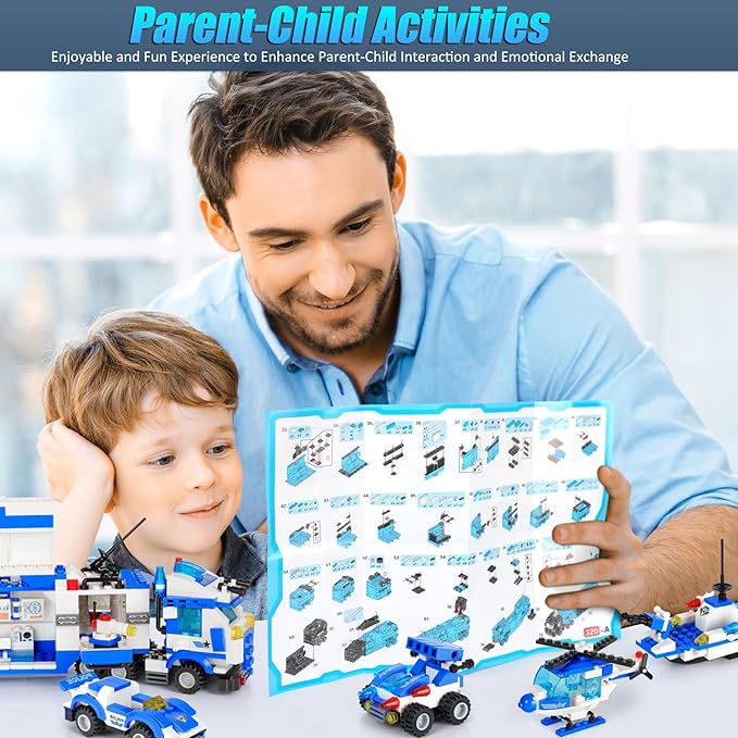 EP EXERCISE N PLAY 1338 Pieces City Police Car Building Sets, Police Station Truck Toy Blocks Set with Prison Helicopter Cop Car Boat for Boys and Kids Aged 6-12