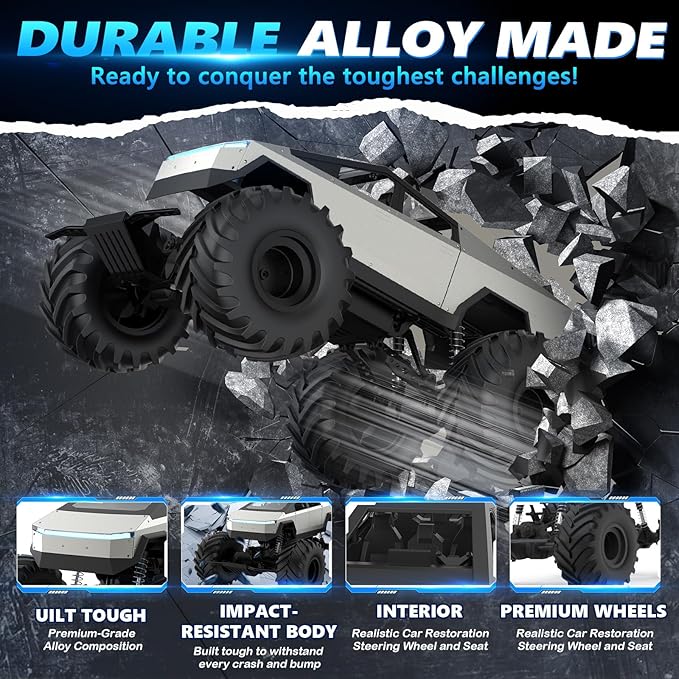 INGQU® 1:8 Big Monster Truck Toys, XXX-Large Alloy 4WD Off Road Remote Control Truck with 3 Powerful Motors LED Headlight, 2.4GHz All Terrain Rock Crawler RC Truck for Boys Kids Age 6 7 8 9 10-12+