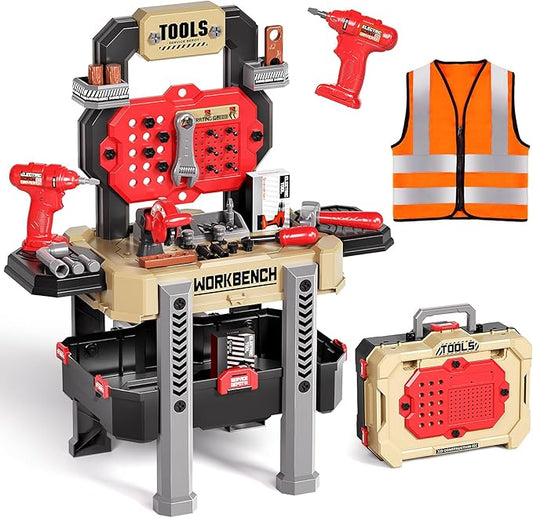 Deejoy Kids Toy Bench with Realistic Tools and Electric Drill, 79 Pcs Realistic Toy Tools with Clothes, Toddler Learning Bench Gift for Boys & Girls Age 3-5 (Yellow) 32x26.6x14.4 in