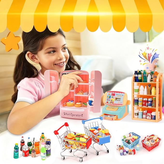 139 Pcs Mini Shopping Cart Basket Miniature Food Drink Toy Supermarket, Miniature Dollhouse Furniture and Accessories,Grocery Store Pretend Play,Doll House Refrigerator Mini Fridge Toy Mini Food Set