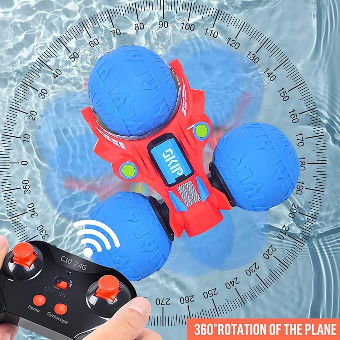 UNIQUE KIDS 1: 12 Waterproof Amphibious 360° + 360° Flip RC Car | Durable Inflatable Wheels | All-Terrain Water & Land Toy | 2.4 GHz for Kids 6-12 Years (Blue)
