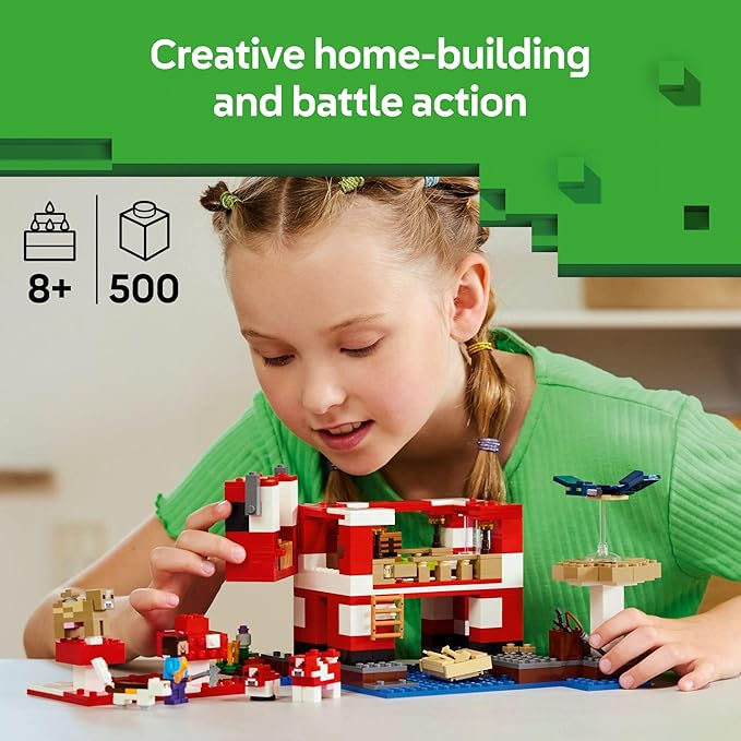 LEGO Minecraft The Mooshroom House Toy Figures and Playset - Building Minecraft Toy for Kids, Boys and Girls, Ages 8+ - with Steve and Other Figures for Pretend Play - Gift Idea for Birthdays - 21270