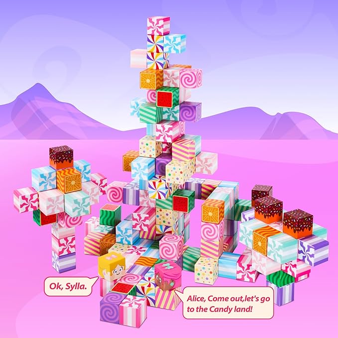 Magnetic Blocks Candy Land Edition, Magnetic Tiles Building Blocks Boys & Girls Toys Age 3-5 4-8 5-7 Sensory Gift for Kids,Magnets Cubes,Upgraded STEM Gift 1.2 Inches