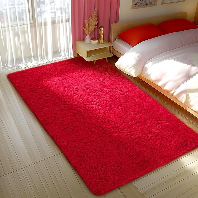 Ophanie Red Rugs for Bedroom Living Room, Fluffy Fuzzy Furry Carpet, Plush Soft Shaggy Bedside Indoor Floor 4x6 Area Rug for Kids Girls Boys Baby Teen Dorm Nursery Home Decor Aesthetic