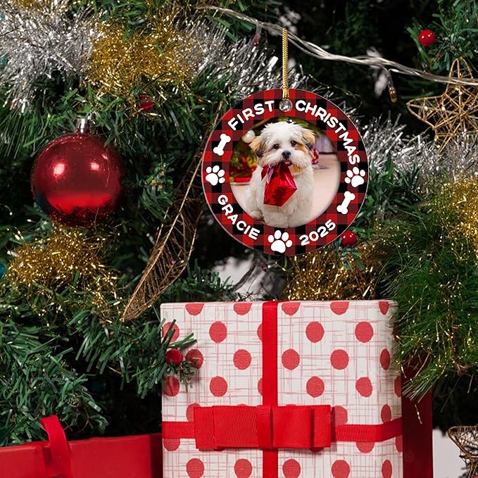Personalized Dog Christmas Ornaments, Custom Photo & Name 2025 Puppy First, Christmas Holiday Pet Gifts, Dog Lovers, Pet Lovers Gifts for Christmas Tree Decoration
