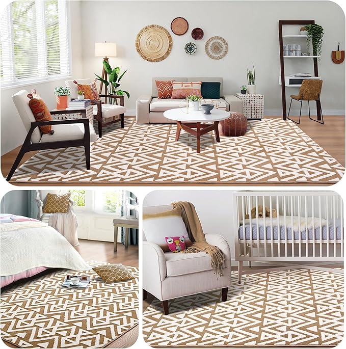 Ompaa Ultra Soft Shaggy Rugs Memory Foam Bedroom Carpet, Beige 7 x 10 Feet Large, Plush Geometric Textured Area Rugs for Living Room Couch Dorm Bedside Kids Girls Teens Room Nursery Decor Floor Mat