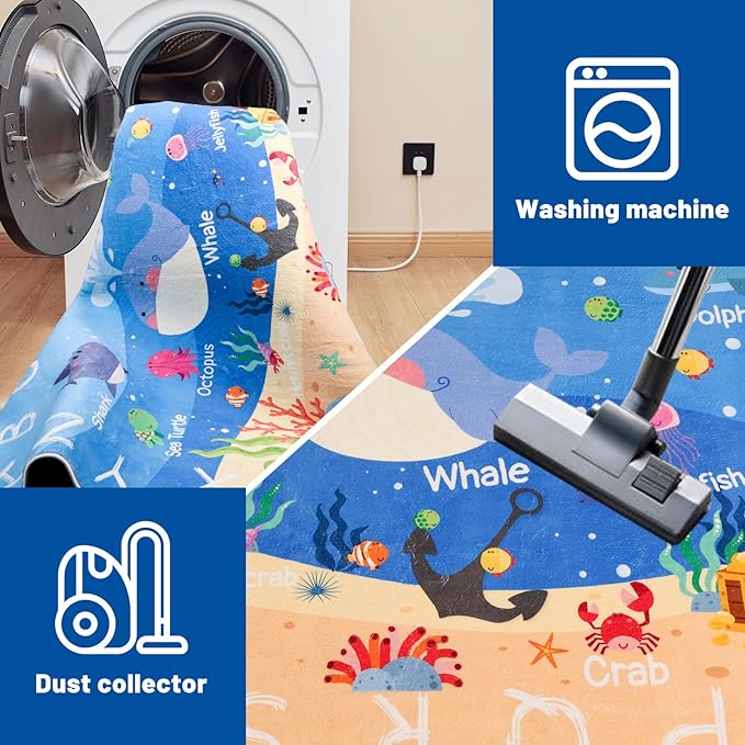Kids Rugs for Playroom,78.7"X59" ABC Alphabet Whale Kids Rug,Non-Slip Ocean Kids Rug Play Mat,Washable Educational Classroom Rug Kids Area Carpet for Kids Room Bedroom Nursery Playroom