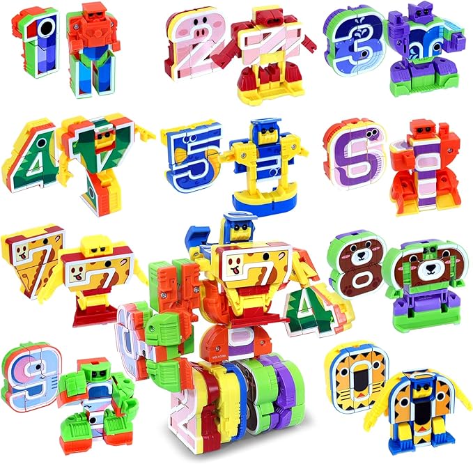 Animal Number Robots Transformers Toys 10-in-1 โ STEM Learning Toys for Kids Ages 3+, Number Blocks with 10 Digital Cards, Convertible to Mega Robot (ABC Zoo Series)