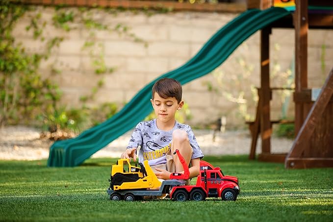 CAT Construction Toys, Heavy Movers, Semi Firetruck and Trailer with Bulldozer, Lights & Sounds, Ages 3 and up