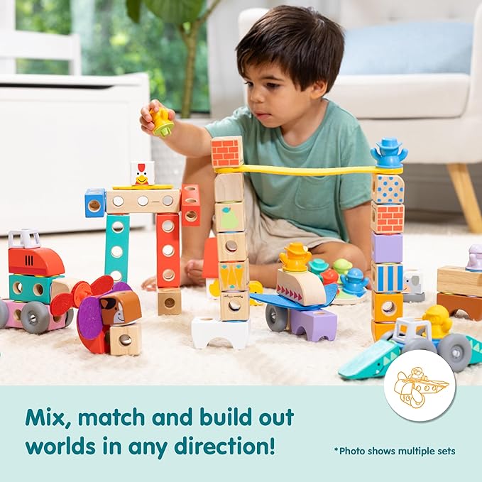 Melissa & Doug Blockables™ Town Snap and Play, Mix and Match Connectable Wooden Building Blocks Play Set Toy for Preschool Boys and Girls (73 Pcs)
