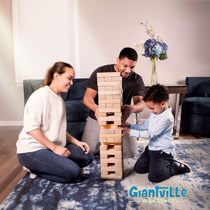 Giantville Giant Tumbling Timber Toy - Premium Pine Wood Life-Size Blocks Tower - Big Floor/Board Indoor/Outdoor Yard Game for Kids & Adults - 56-Pieces + Carry/Storage Bag - Grows to Over 4-Feet