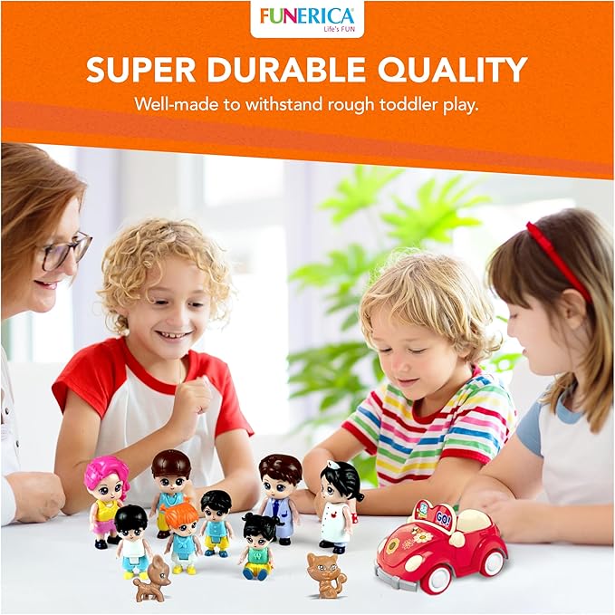 FUNERICA Dollhouse People Figures Playset - Dollhouse Family Little Play Figurines Doll House Accessories Toys -(Family Figures with Car, Pets, Doctor & Nurse)