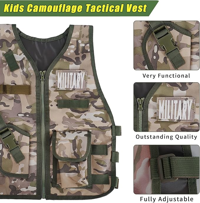 Kids Army Military Combat Soldier Costume Halloween Party Role Play Dress up Birthday Gift Set includes Camouflage Vest, Helmet, and Toy Accessories for 3-8 Years Old Toddlers Boys Girls