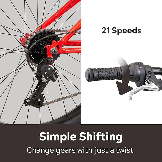 Cavern Mountain Bike for Youth or Adult Boys Girls, 7 or 21-Speed Twist Shifter Options, 20/24/26-Inch Wheels, 11 to 17.5-Inch Steel Frame, Front Suspension, Kickstand Included