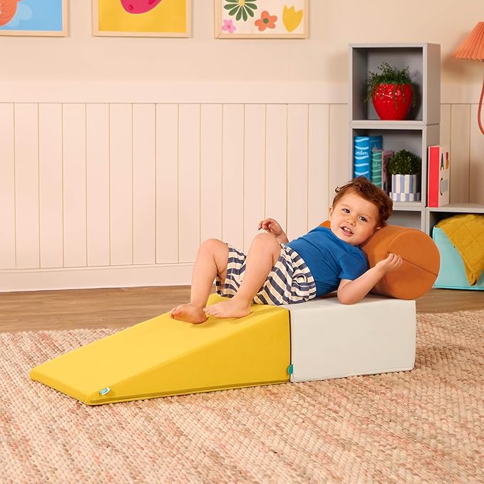 B. toys - Sensory Foam Building Blocks for Toddlers & Babies - 3-Piece Climbing Set with Cylinder, Ramp & Block - Machine Washable Covers with Easy-Grip Handles - Indoor Play Shapes for 12+ Months