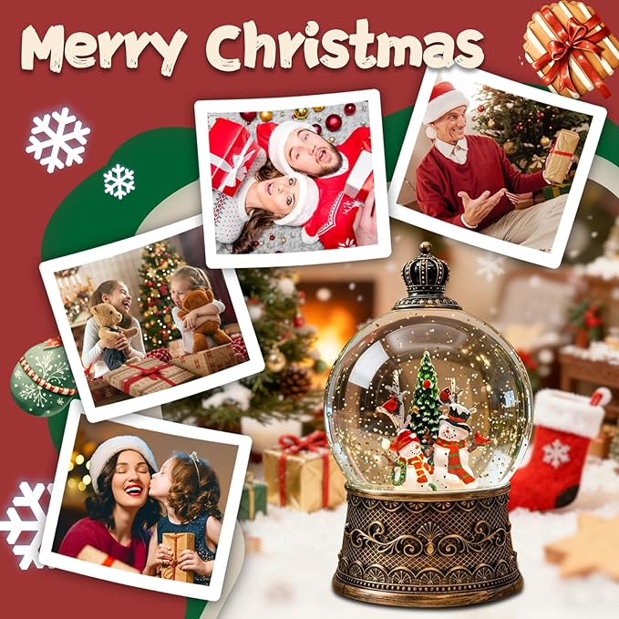 Christmas Snow Globes Lantern, Snowman and Christmas Tree Christmas Decorations Indoor, 6H Timer Battery & USB Powered Light Up Musical Snow Globes for Kids Women Adults Gift Thanksgiving Home Decor