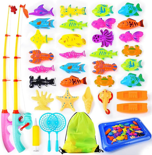 Magnetic Fishing Game 30 PC Ocean Sea Floating Fish Colorful Animals with Net Portable Storage Bag | Water Table Kiddie Pool Bathtub Game for Age 3 4 5 6 Year Kids Toddler(Large Set)