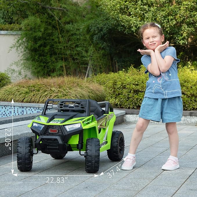TOBBI 12V Kids Ride on Car, Electric Off-Road UTV Truck with Forward and Reverse Functions, Double Open Doors, Safety Belt, Horn, Music, and Lights for Kids Aged 3-5 Years (Fluorescent Green)