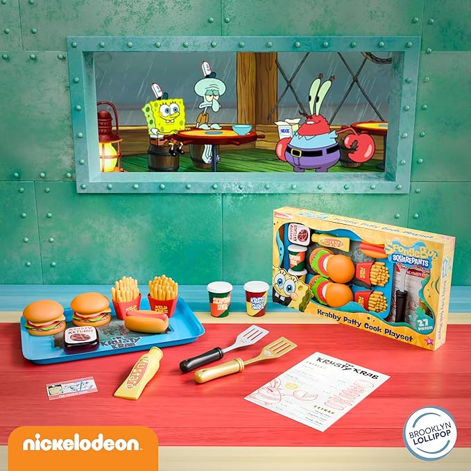 Spongebob Kids Kitchen Playset - Interactive Play Food with 2 Krabby Patty Burgers, Seafoam Shake, Kelp Fries, Spongebob Toys Kitchen Set for Kids Ages 3-5 Includes Velcro Dots
