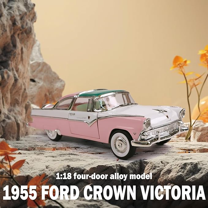 1955 Ford Crown Victoria 1/18 Scale Die-Cast Metal Model Premium Classic Vintage Alloy Cars with Display Case, with Opening Doors, Best Gift for Men, Dad & Kids 14+ Years (Pink)
