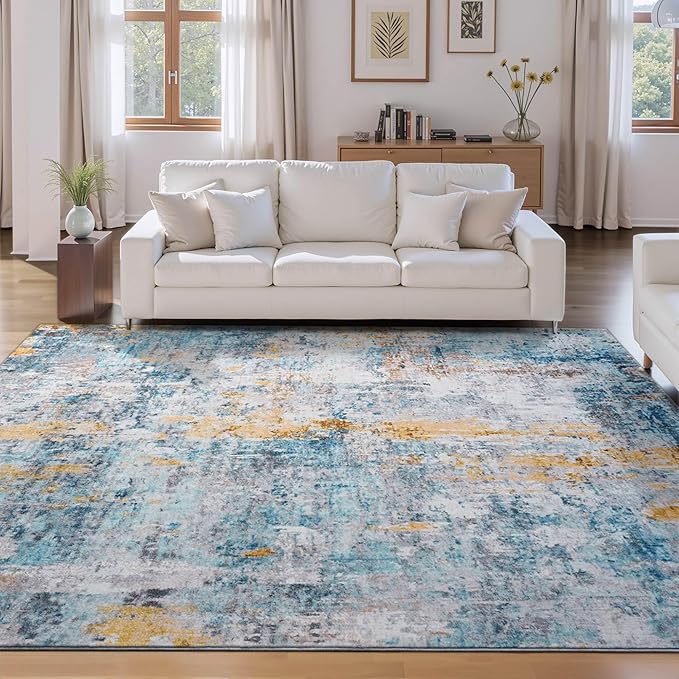 Ompaa Living Room Rug 8x10 Blue Area Rugs Machine Washable Abstract Boho Large Carpet Non-Slip Non-Shedding Faux Wool Indoor Vintage Rugs for Bedroom, Classroom, Dining Room, Kids Playroom