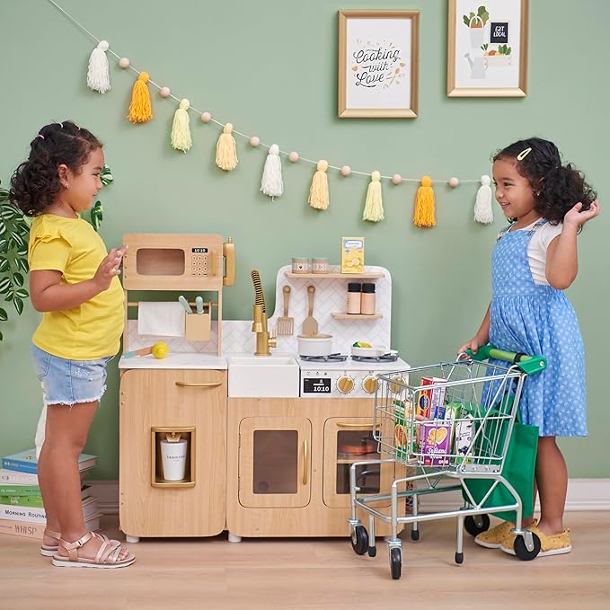 Teamson Kids Little Chef Cyprus Wooden Play Kitchen Set – Pretend Toy Kitchen for Toddlers & Kids Ages 3+ with Ice Maker, Storage & Accessories – Play Kitchen for Kids, Light Oak & White Faux Marble
