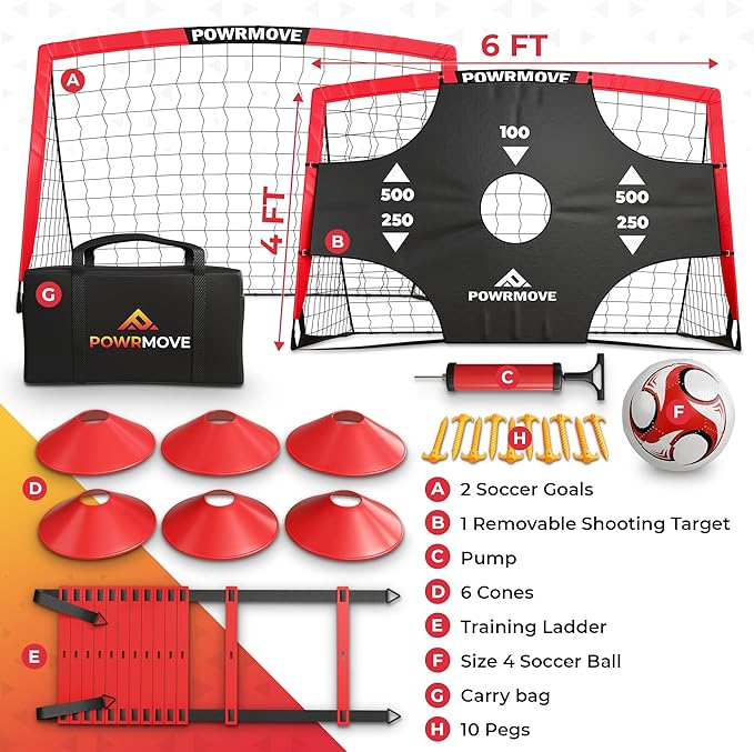 Soccer Goals for Backyard 6FT x 4FT - Portable Soccer Goals Set of 2 with Pump, Cones, Training Ladder, Size 4 Ball and Carry Bag - Soccer Nets, Durable Soccer Equipment for Kids and Adults