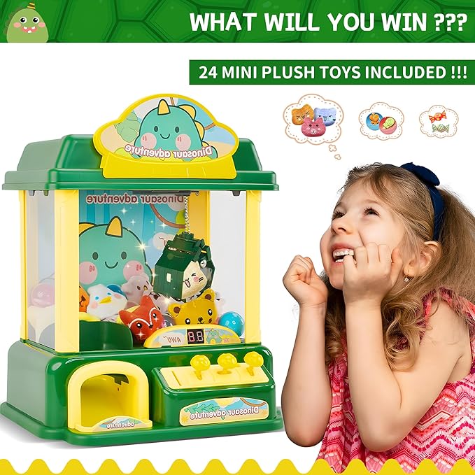 Kids Claw Machine, Dinosaur Adventure Large Toy Claw Machine with Plush Toys, Light Music, Coins & Capsules, Mini Vending Machine Toy for Boys Girls Ages 4-12, Birthday Gift