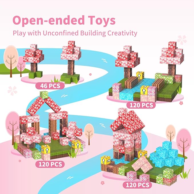 Magnetic Blocks-120PCS Magnets Cubes, Cherry Blossom Magnetic Building Blocks Toddler Toys for Age 3-4 5-7 6-8,STEM Sensory Toys Birthday Gifts for 3+ Years Old Boys & Girls