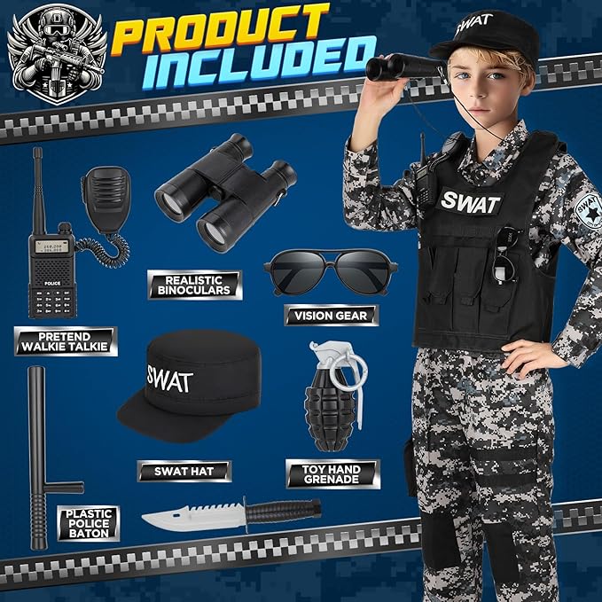 Luucio SWAT Police Officer Costume for Kids, Police Costume for Kids with SWAT Costume, SWAT Vest, Halloween Costume for Boys, Role Play Kit for Boys Girls