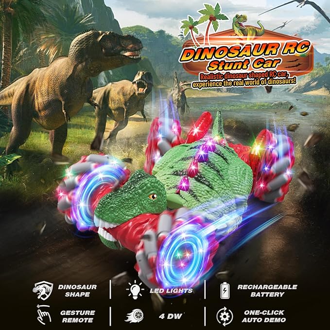 Remote Control Car,Dinosaur Toys car for Kids,2.4GHz LED Gesture Sensing RC Car,4WD Rotation RC Stunt Car with Lights and Music,Dino Toys for Kids Ages 3 4 5 6 7 Gifts for Boys Girls(Red)