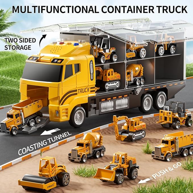 Toddler Boys Construction Truck Vehicle Toy Set with Play Mat, Die-Cast Toy Car Carrier Truck for Kids, Birthday Gifts for 3-8+ Year Olds
