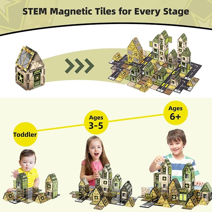 48PCS Army Magnetic Tiles Building Toys for Boys 3+, Military Magnetic Blocks for Toddlers STEM Construction Preschool Toys for Kids, Upgraded Sensory Magnets for Kids Birthday Gifts