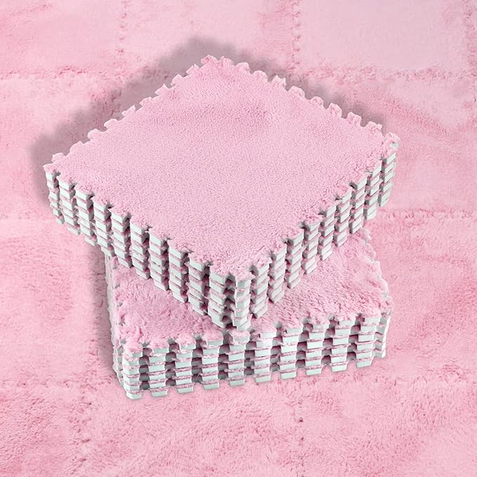 Interlocking Carpet Shaggy Soft EVA Foam Mats Fluffy Area Rugs Protective Floor Tiles Exercise Play Mat for Children Kids Room Home Parlor Bedroom (12 pcs, Light Pink)