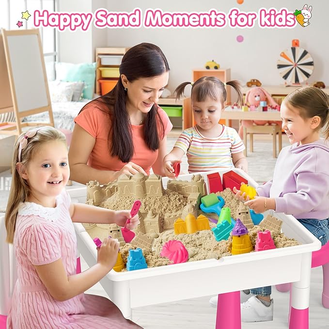 Kids Toddler Table and Chair Set: Water Activity Table With 152Pcs Large Marble Run Building Blocks, 2 Rabbit Chairs, Storage All in One Play Sensory Sand Table - 3-10 Year Old Girl Toys Gifts
