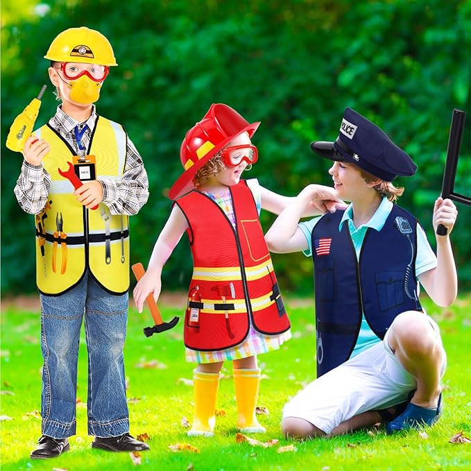 Bonuci 3 Sets Kids Dress up for Play Age 3-7 Years Old,dress up Costumes Vest Set Police,fireman and Worker for Toddler Kids Boys Pretend Role Accessories
