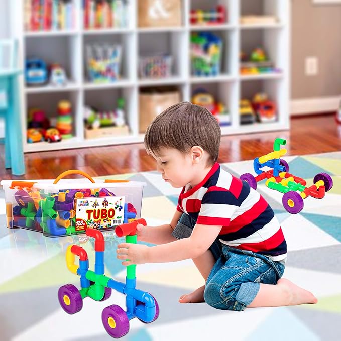 Building Toys for Kids, 128 Piece Construction Blocks for Kids, Tubular Spout Constructor STEM Toy for Toddlers Ages 4+