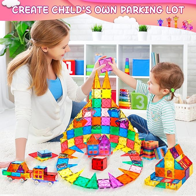 132PCS Magnetic Tiles with 2 Cars Deluxe Set, 3D Magnetic Building Blocks, Preschool Magnetic STEM Toys Sensory Educational Toys for Toddlers Kids 3 4 5 6 7 8-12, Gift for Boys Girls