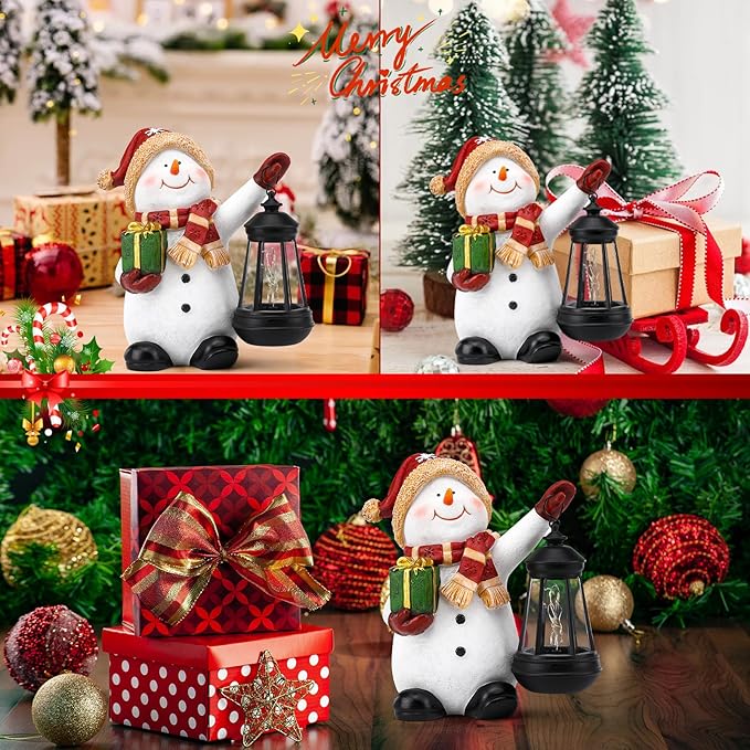 Solar Christmas Snowman Decoration Resin Snowman Outdoor Statue with LED Lantern for Porch Garden Patio Yard Home Decor Christmas Gardening Gifts for Women Mom