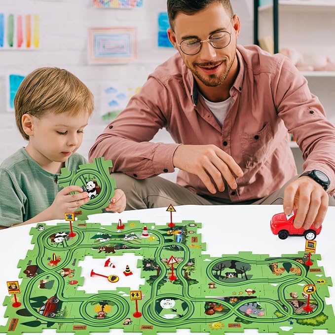 25PCS Puzzle Racer Kids Car Track Set, Jungle Themed Series, Educational Car Puzzle Toys Gifts for Kids and Boys