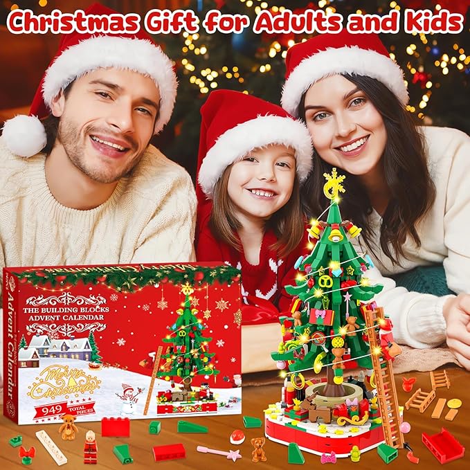 Advent Calendar 2025 Christmas Tree Building Blocks Set with Warm Light, Christmas Countdown Calendar, 24 Days Building Toys for Kids Creative Christmas Gifts for Kids Teens Adults