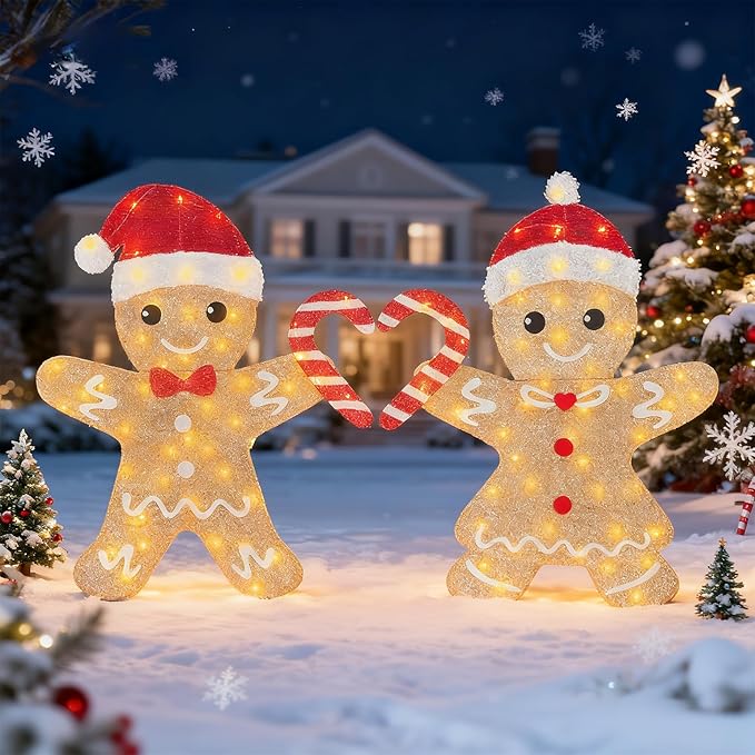 2D Light Up Gingerbread Man Christmas Decorations, 32 Inch Lighted Christmas Outdoor Decorations Yard with 100L, 2Pcs Gingerbread Man Couple Xmas Festive Holiday Front Garden Patio Yard Lawn Display