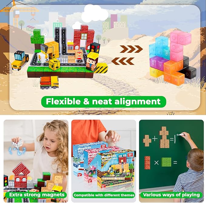 Magnetic Blocks - 100PCS Magnetic Building Blocks Magnet Cubes Stacking Construction Set, STEM Montessori Sensory Toys for Kids Boys Girls Ages 3-5 6-8 Holiday Easter Birthday Gifts