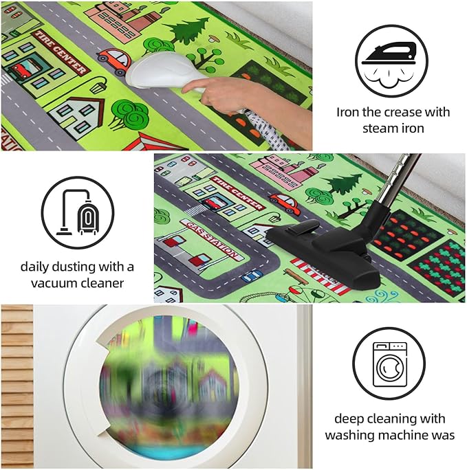 Large Kids Carpet Play Mat Rug for Playroom, 60'' x 84'’ Car Rugs Mat for Kids Toy Cars, City Life with Road Traffic Playmat Rugs Great for Kids Bedroom Play Room Boy Room Decor, Green