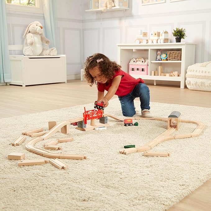 Melissa & Doug Swivel Bridge Wooden Train Set (47 pcs) - Wooden Train Set For Kids Ages 3+