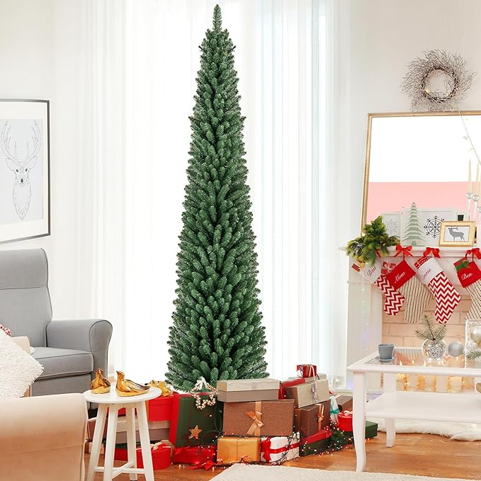 GOFLAME 8FT Pencil Christmas Tree, Slim Artificial Xmas Tree with 671 Memory Wire Branch Tips & Upgraded Metal Stand, Seasonal Holiday Decoration Tree for Home Office Party